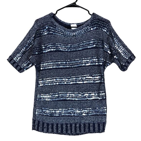Chicos Women Sweater Blue Sequins Knit Striped Boat Neck Metallic Pullover 1 (M) - Picture 1 of 13